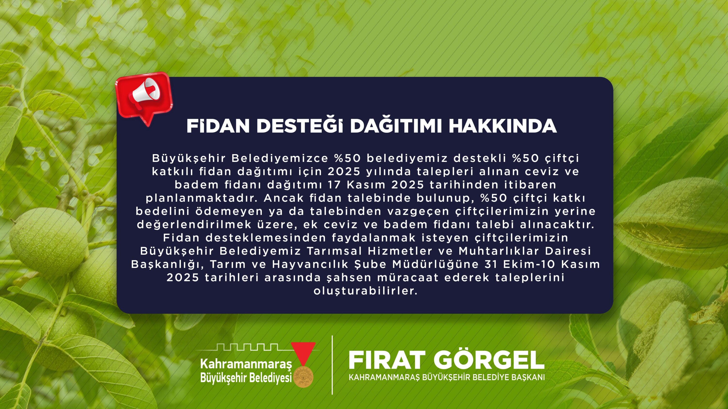 Yüzde 50 Hibeli Fidan Desteğinde Ek Başvurular Alınmaya Başladı